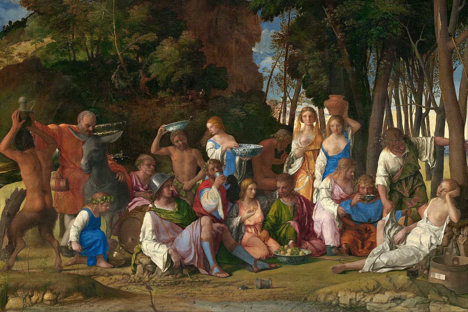 Bellini and Titian's The Feast of the Gods, 1514 — the gods at their banquet in the woods.